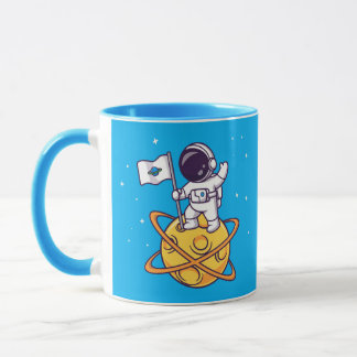 Mug Astronaut Planting Flag on Yellow Planet