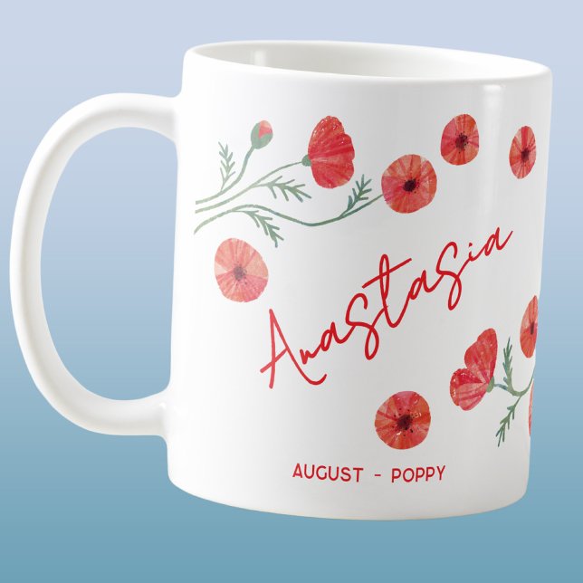 Mug August Birth Flower Custom Name Poppy (August birthday month flower poppy watercolor art personalized custom name coffee mug gift)