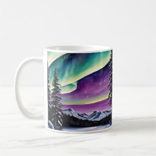 Mug Aurora Borealis sur la forêt enneigée, pins, paysa