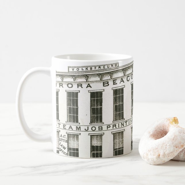 Mug Aurora Illinois Aurora Beacon News 1871 Stone Lith (Avec donut)