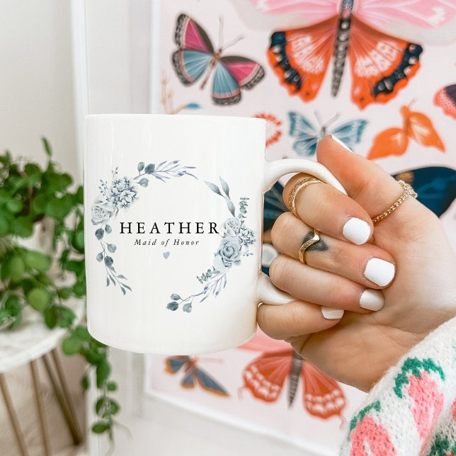 Mug AUSHA Dusty Blue Floral Demoiselle d'Honneur Maria (Créateur téléchargé)