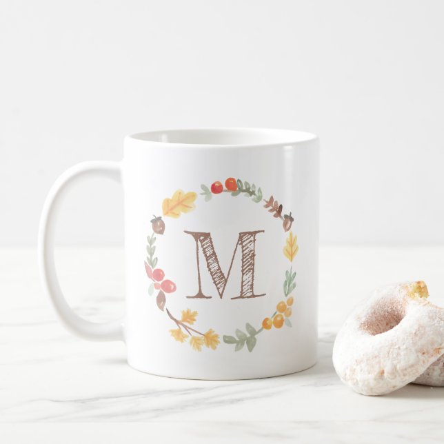 Mug Automne Aquarelle d'automne Monogramme de couronne (Avec donut)