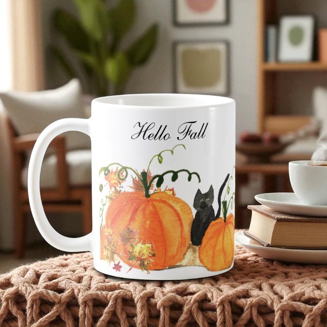 Mug Automne Citrouille Chat noir Aquarelle Feuilles d' (Créateur téléchargé)