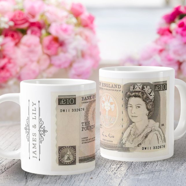 Mug avec 1975 £ 10 Note Image | Reine Elizabeth II (Her mug, her way — add a name on one side and a sweet phrase on the other.)