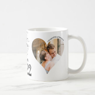 Mug avec 2 photos en forme de coeur, date, prénoms