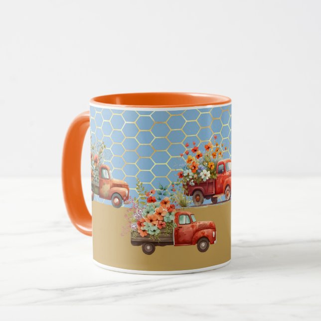 Mug avec Camions rouges & Fleurs (Devant gauche)