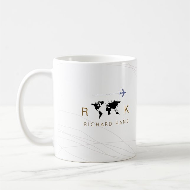 Mug avion élégant + carte monogrammée sur blanc (Gauche)