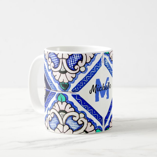 Mug Azulejo Motif espagnol Carreaux marine Monogramme  (Devant gauche)