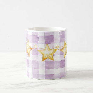 Mug Baby-Shower Rayures Blanches Violettes Étoiles Dor