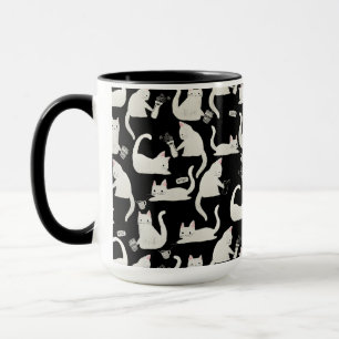 Mug Bad Cats Knocking Stuff Over, White Cats on Black