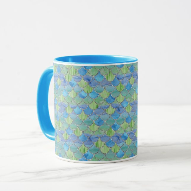 Mug Balais de sirène bleu, vert et argent (Devant gauche)