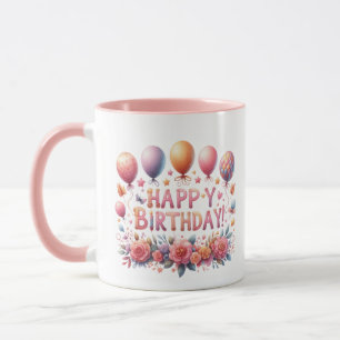 Mug Ballons d'anniversaire joyeux fleurs ajouter monog