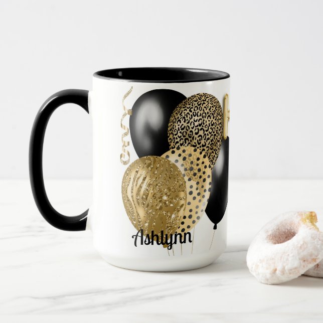 Mug Ballons Leopard Gold Joyeux 16e anniversaire (Avec donut)