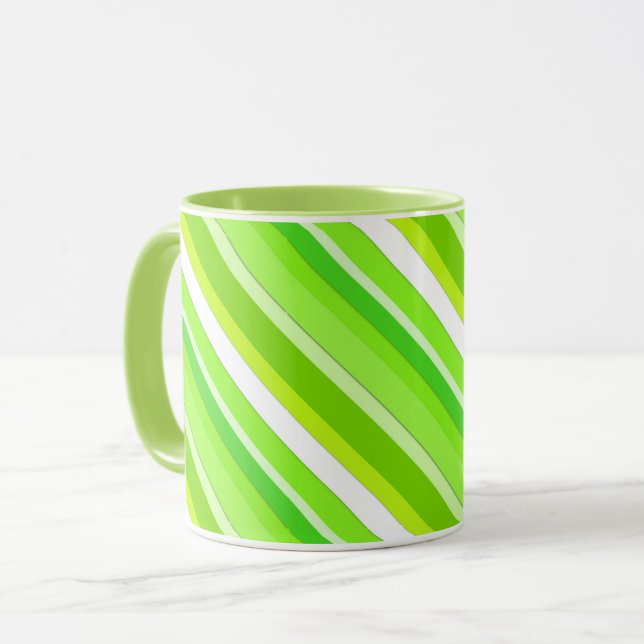 Mug Bandes de bonbons en couches - vert citron et blan (Devant gauche)