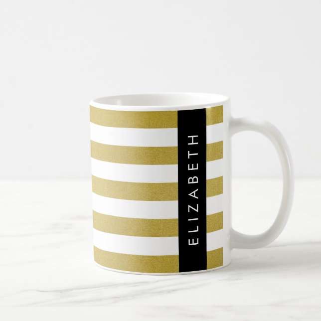 Mug Bandes d'or, Motif rayé, Lignes, Votre Nom (Droite)