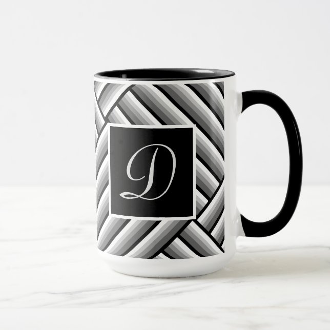 Mug Bandes modernes en noir, blanc et gris - Monogramm (Droite)