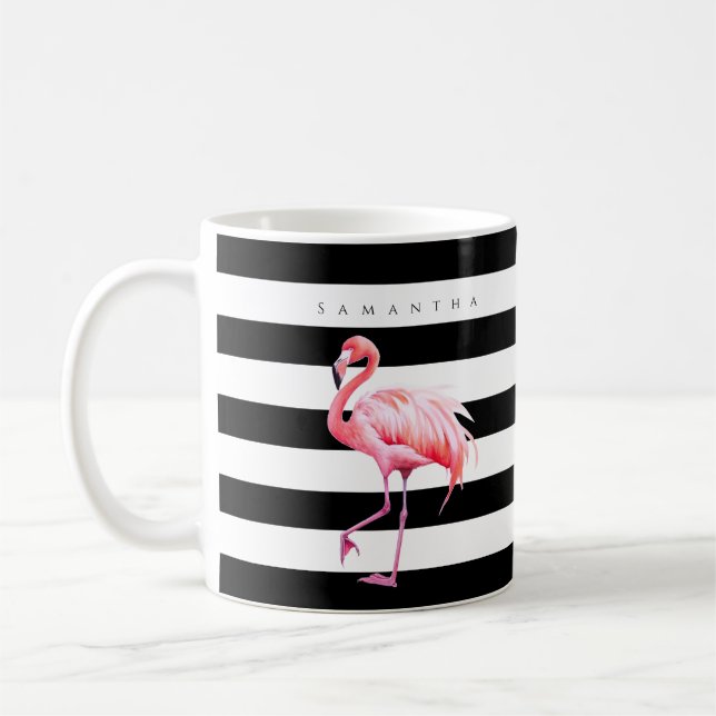 Mug Bandes noires et blanches Flamant rose rose Nom pe (Gauche)