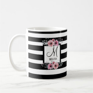 Mug Bandes noires et blanches Monogramme floral rose