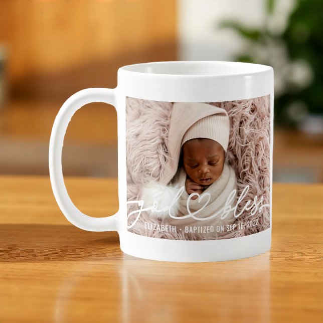 Mug Baptême Simple Élégant Moderne Coeur Bébé Photo (Créateur téléchargé)
