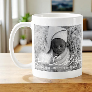 Mug Baptême Simple Élégant Moderne Coeur Bébé Photo