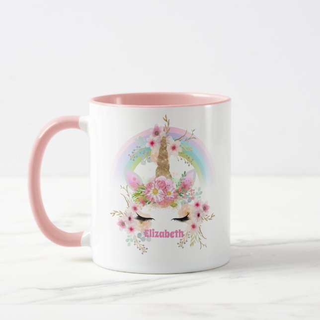 Mug Baptisée UNICORN Pink Gold Flowers Filles Ados Cad (Gauche)
