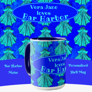 Mug Bar Harbour Maine Bold Blue Scallop Shell avec nom