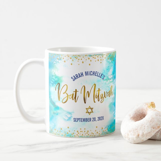 Mug Bar Mitzvah Turquoise Aquarelle Or Écriture Gras (Avec donut)