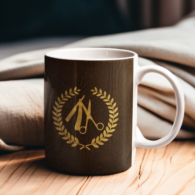 Mug Barber stylisé luxe doré foncé look cuir (Créateur téléchargé)