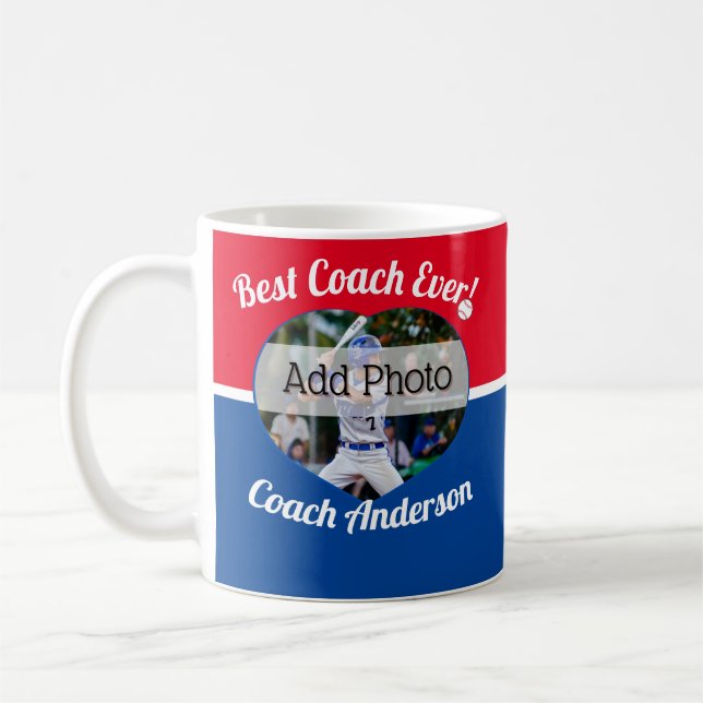 Mug Baseball Best Coach Ever Nom photo rouge blanc ble (Gauche)