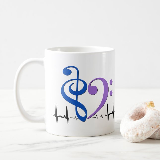 Mug Bass Clef Heart EKG Waves Blue & Amethyst (Avec donut)