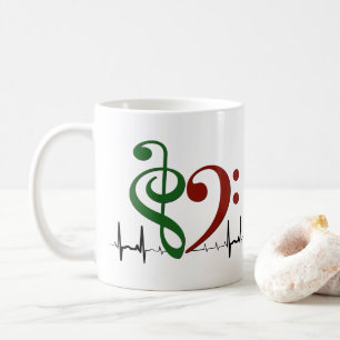 Mug Bass Clef Heart EKG Waves Green & Ruby Red