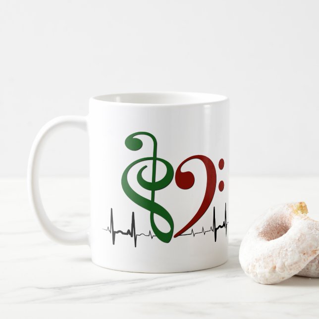 Mug Bass Clef Heart EKG Waves Green & Ruby Red (Avec donut)