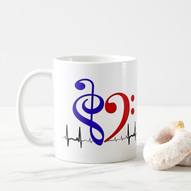 Mug Bass Clef Heart EKG Waves Navy Blue & Red (Avec donut)