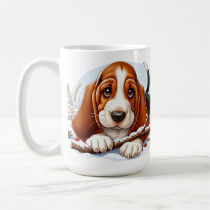 Mug Basset Hound Chiot sur la scène hivernale enneigée