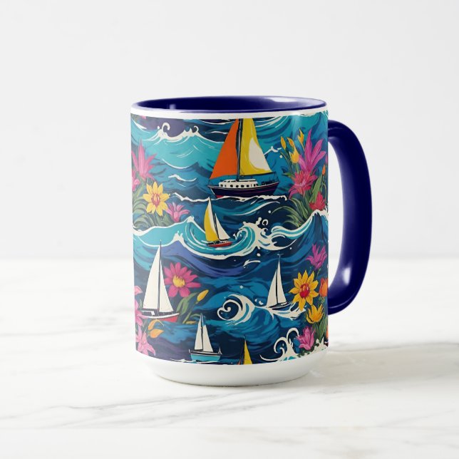 Mug Bateaux à voile Whimsical avec Vagues et Fleurs (Devant droit)