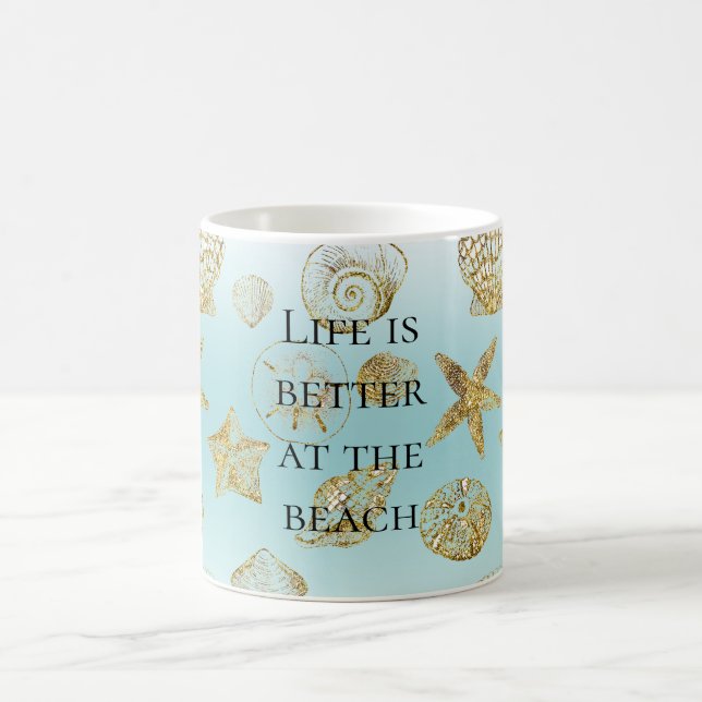Mug Beach Aqua Blue Ombre Gold Sea Shells (Centre)