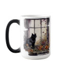 BEAU CHAT NOIR EN COULEUR D'EAU ASSIS DANS LA FENÊ