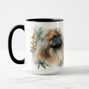 MUG BEAU COULEUR D'EAU PEKINGESE CHIEN & FLEURS