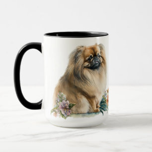 MUG BEAU COULEUR D'EAU PEKINGESE CHIEN & FLEURS