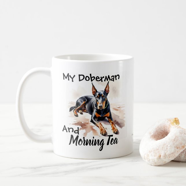 Mug Beau Noir Sur Blanc ''Mon Doberman & Thé (Avec donut)