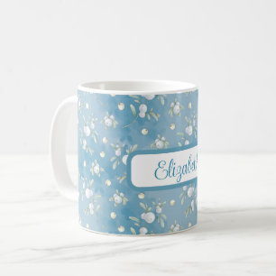 Mug Beaux Snowberry blancs, Feuilles verts sur Bleu