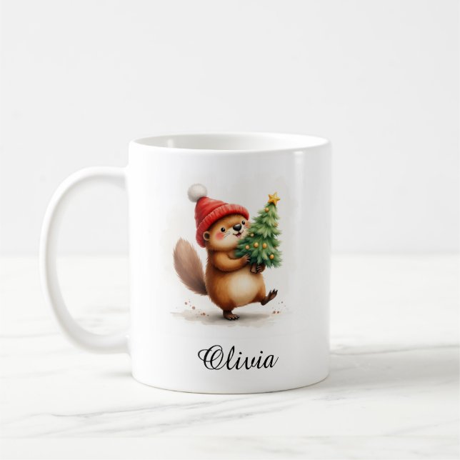 Mug Beaver with Christmas Tree Custom Name (Gauche)