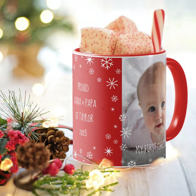 Mug Bébé 1er Noël Grand-parents Chic 2 Photo Rouge (Créateur téléchargé)