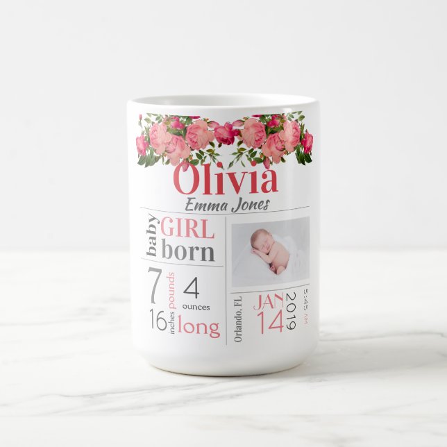 Mug Bébé Stats Photo Pink and Peach Flower Design (Centre)