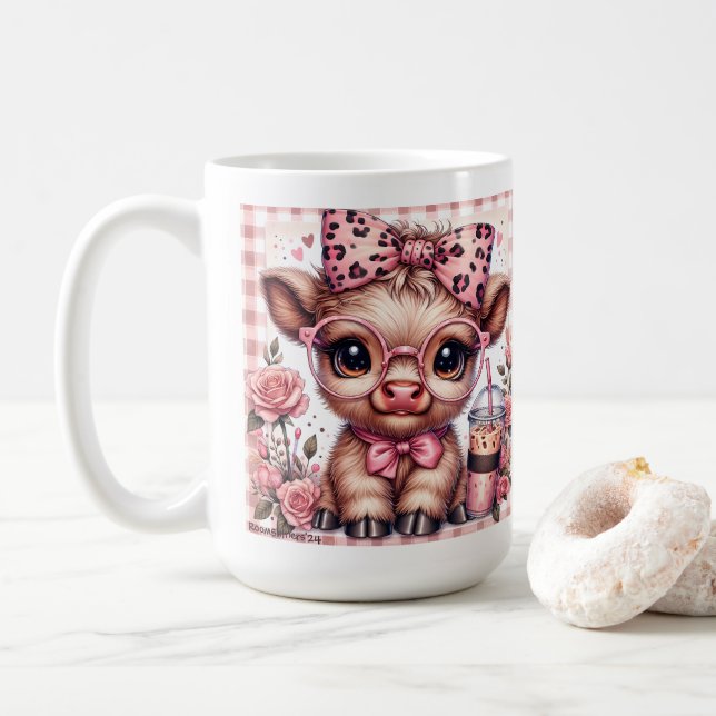 Mug Bébé vache des Highlands coquette léopard noeud ca (Avec donut)