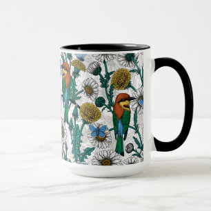 Mug Bee-eaters, blue butterflies and daisies on white