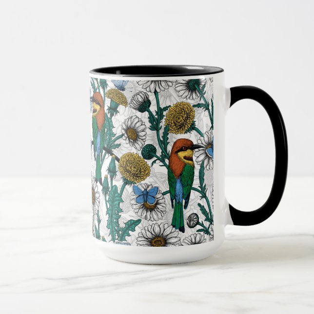 Mug Bee-eaters, blue butterflies and daisies on white (Droite)