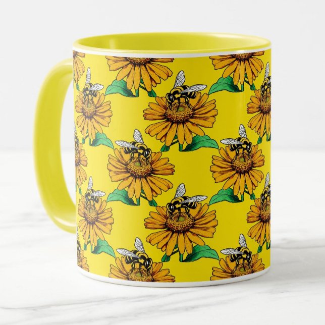 Mug Bee on Sunflower Flower Pattern Design Yellow  (Créateur téléchargé)
