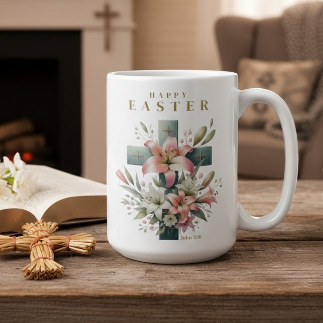 Mug Belle Croix Florale Chrétienne Pâques (Beautiful Floral Cross Christian Easter Coffee Mug)