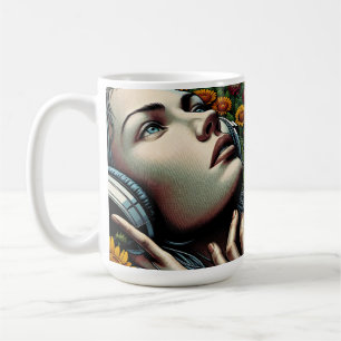 Mug Belle femme avec casque dans les tournesols